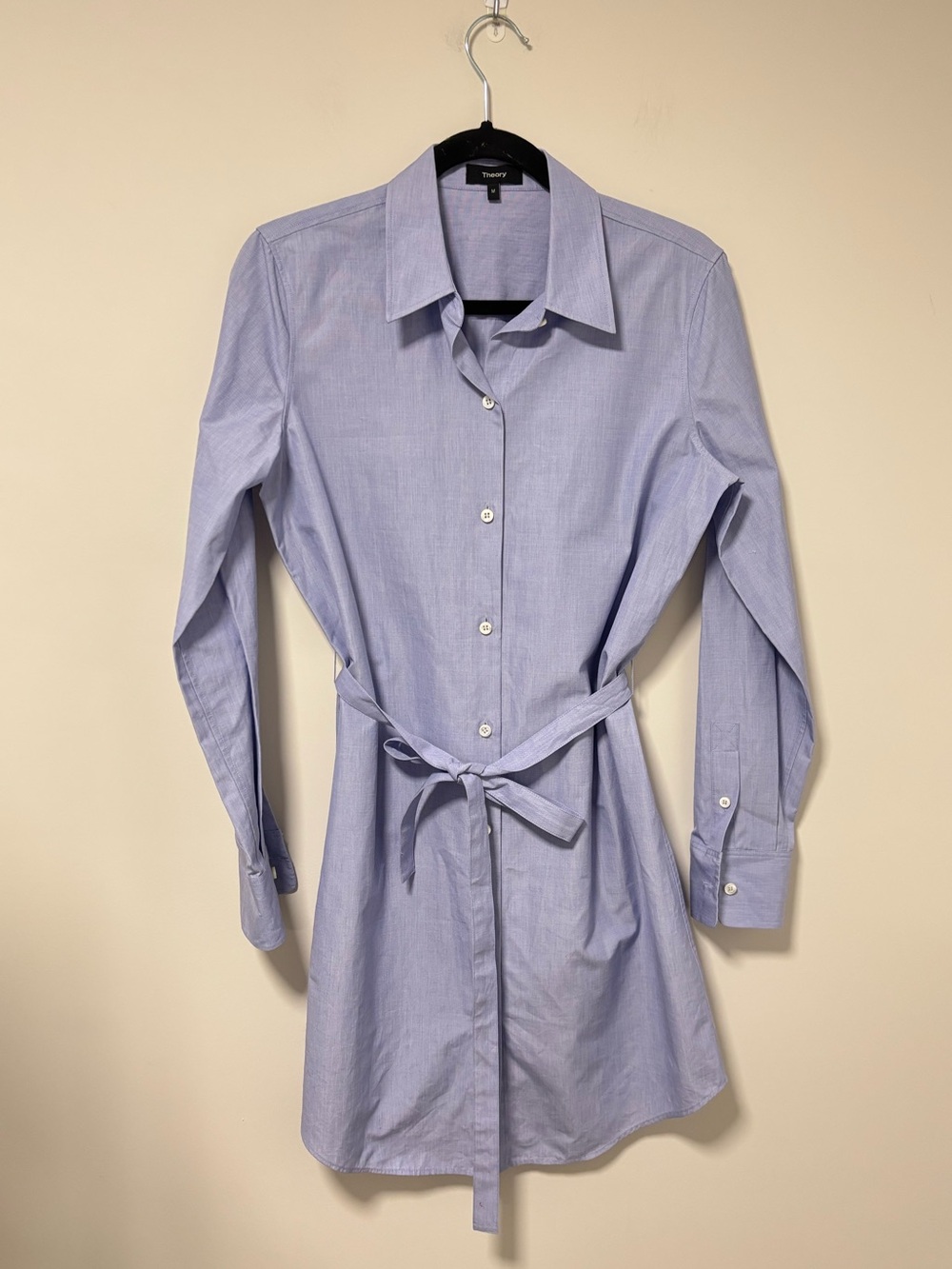 Theory Light Blue Long-Sleeve Shirt Dress with Waist Tie - Picture 2 of 9